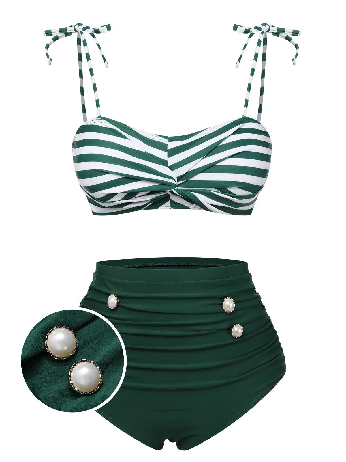 Green 1960s Stripe Shoulder Straps Swimsuit sold by Retro Stage