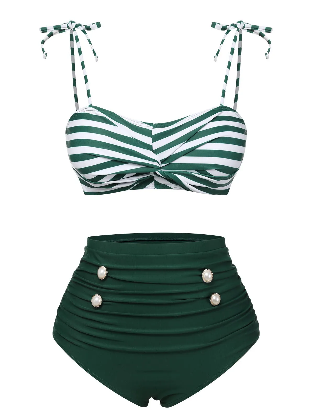 Green 1960s Stripe Shoulder Straps Swimsuit sold by Retro Stage product image thumbnail 2