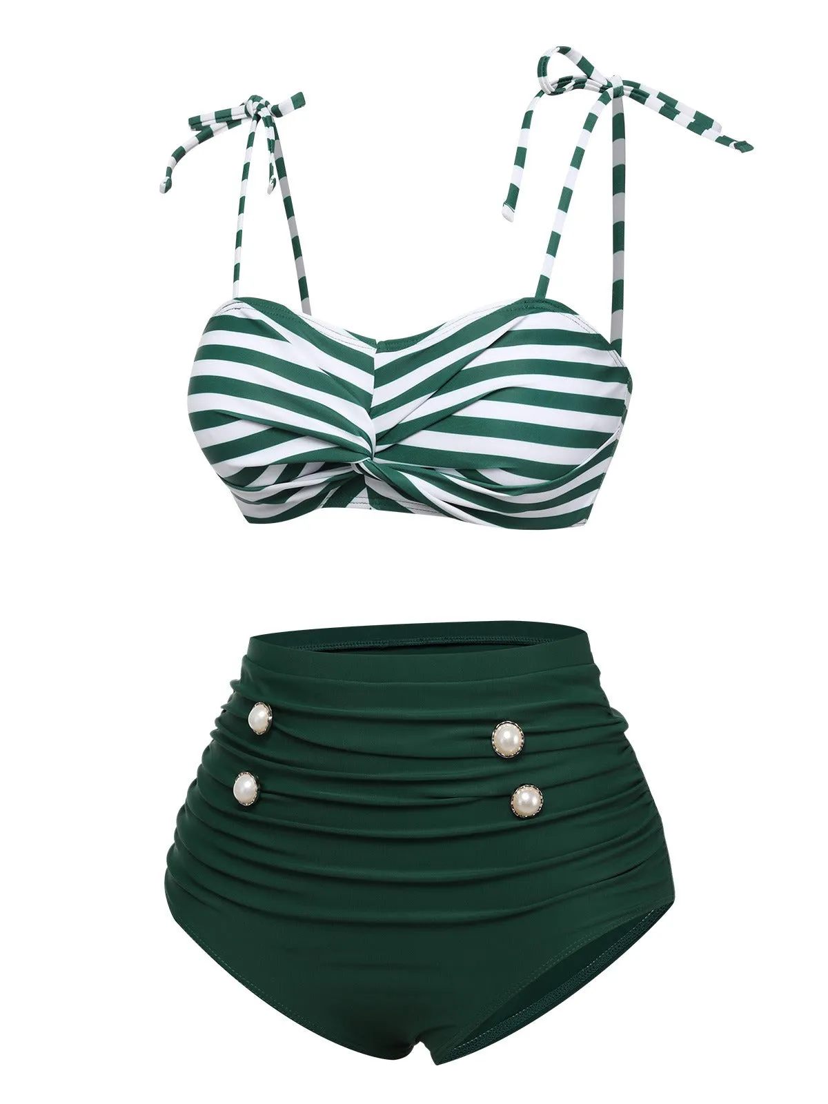 Green 1960s Stripe Shoulder Straps Swimsuit sold by Retro Stage product image thumbnail 3