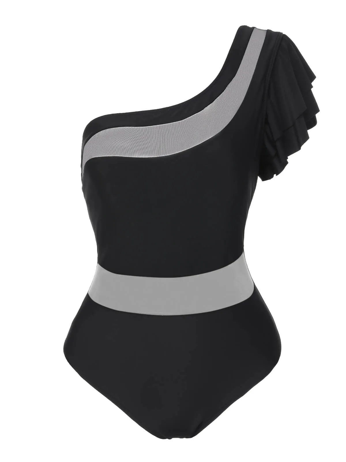 Black 1950s Sheer Patchwork One-Shoulder Swimsuit sold by Retro Stage