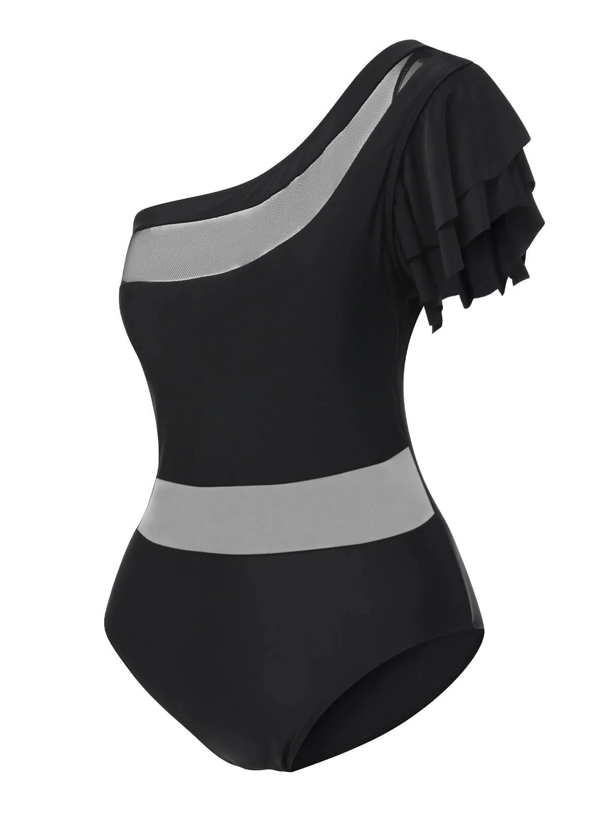 Black 1950s Sheer Patchwork One-Shoulder Swimsuit sold by Retro Stage product image thumbnail 2