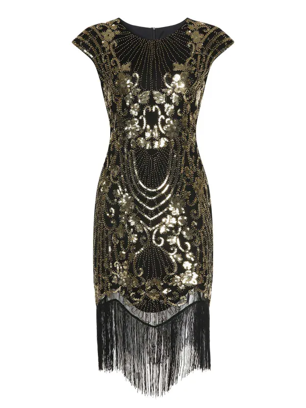 Black 1920s Sequined Tassel Cap Sleeve Dress sold by Retro Stage