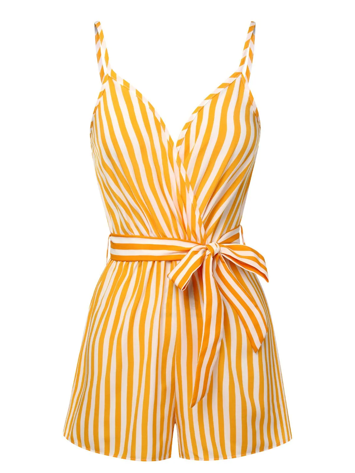 1970s V-Neck Vertical Stripes Lace Up Romper sold by Retro Stage