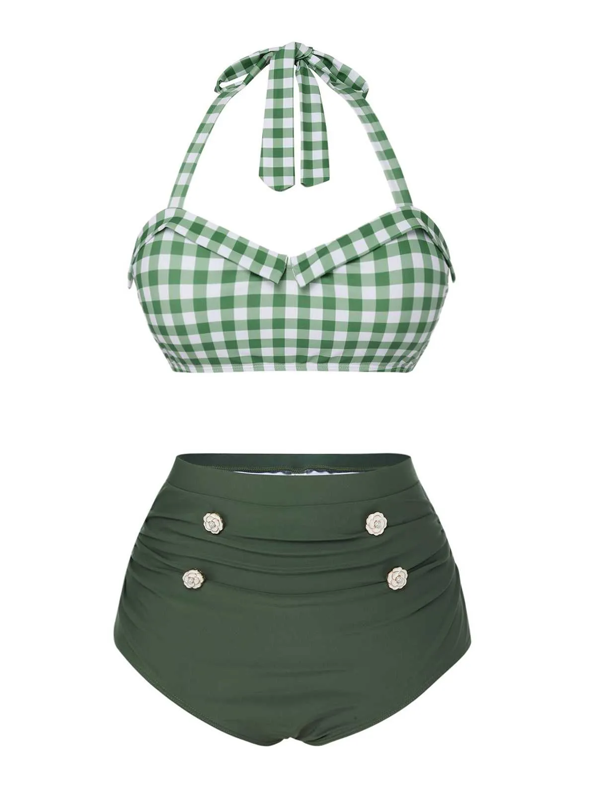 Green Gray 1940s Halter Plaids Swimsuit sold by Retro Stage product image thumbnail 2