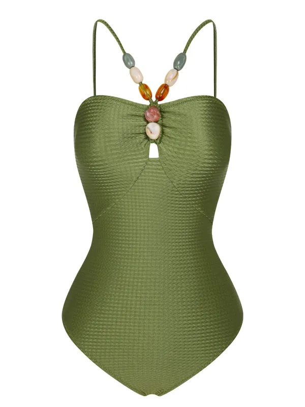 1960s Solid Textured Bandeau Halter Swimsuit sold by Retro Stage