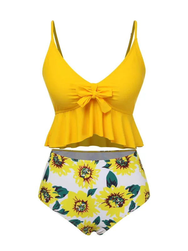 1960s Spaghetti Strap Floral Ruffles Swimsuit sold by Retro Stage