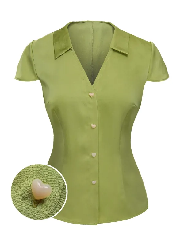 Green 1940s Satin V-Neck Buttons Shirt sold by Retro Stage