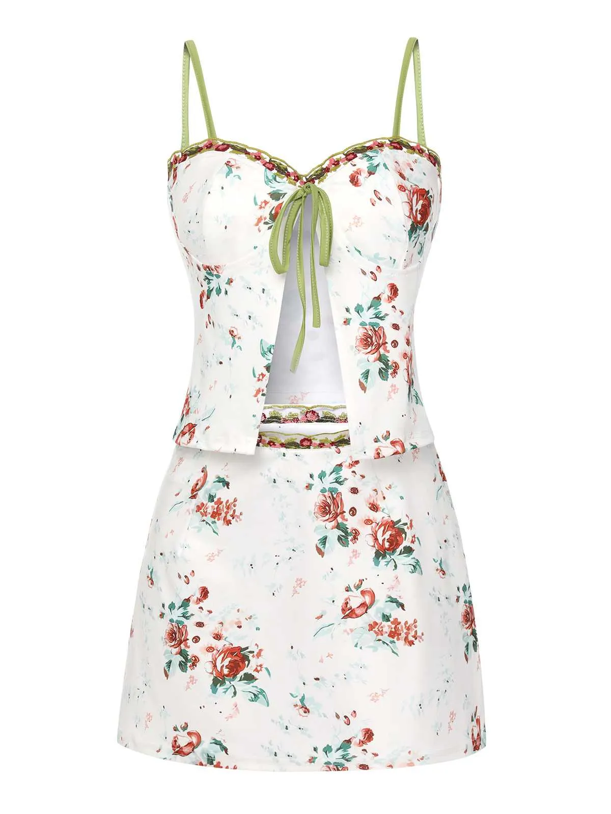 2PCS 1960s Floral Strap Slit Vest & Lace Skirt sold by Retro Stage