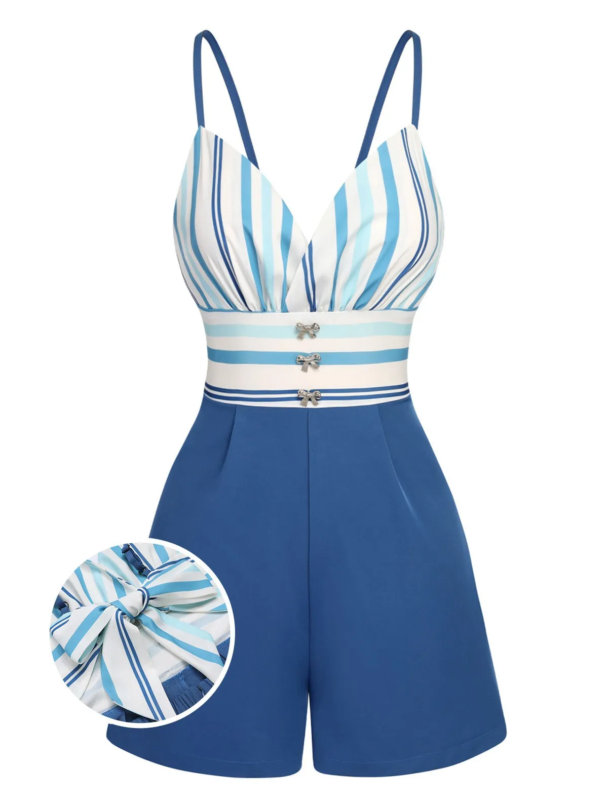 Blue 1950s Stripe Back Strap Romper sold by Retro Stage