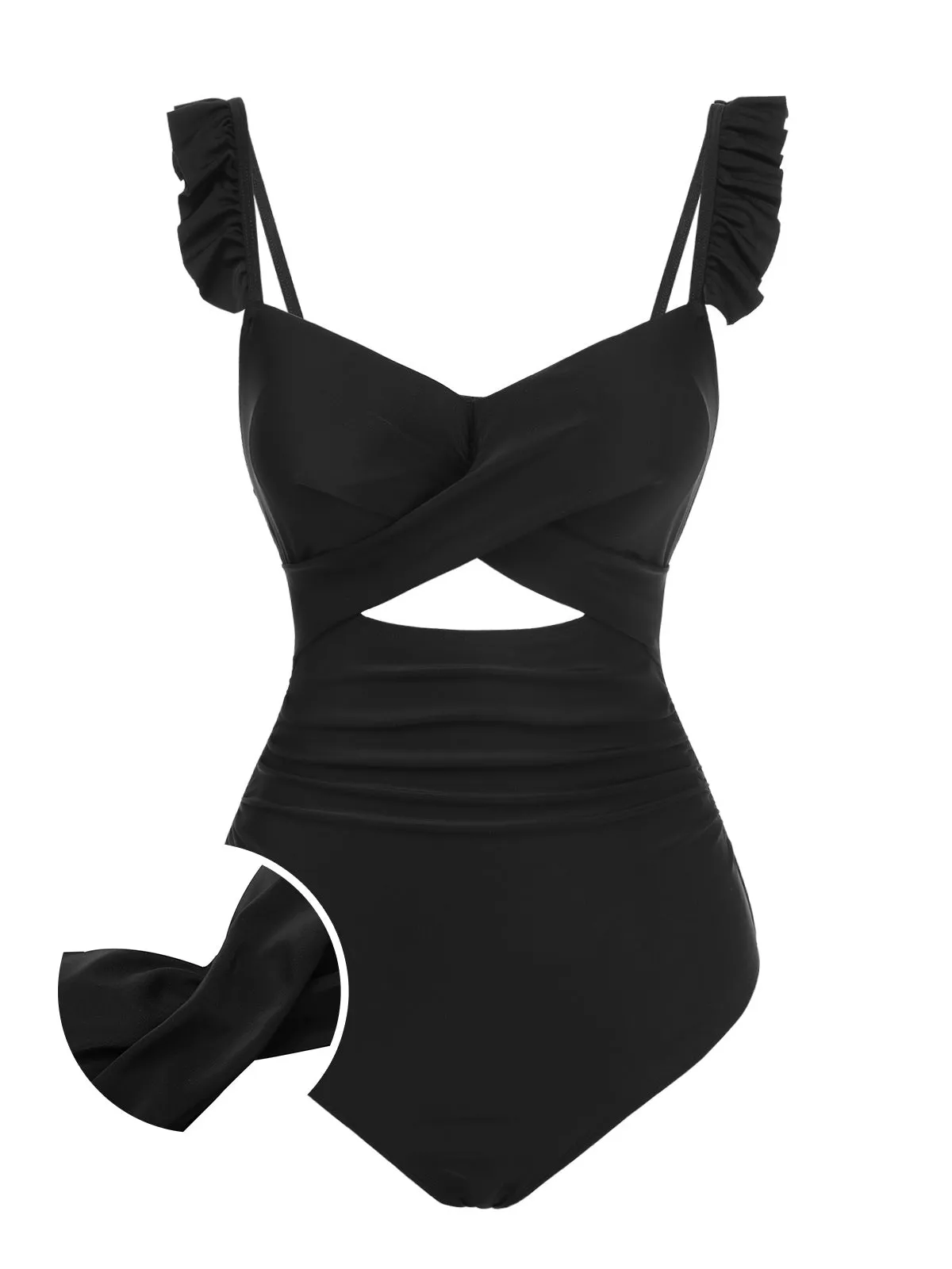 Black 1950s Solid Ruffled Strap Swimsuit sold by Retro Stage