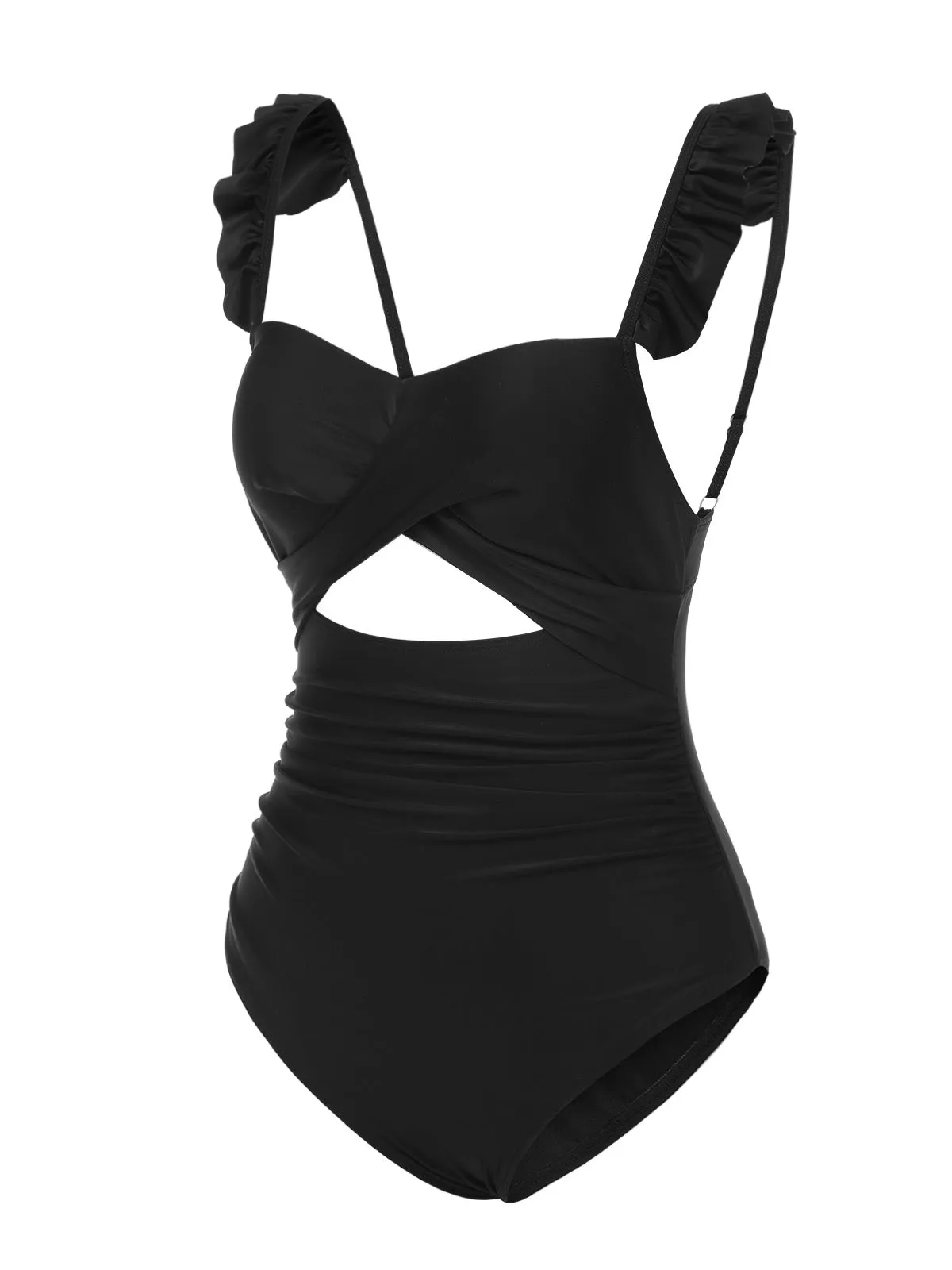 Black 1950s Solid Ruffled Strap Swimsuit sold by Retro Stage product image thumbnail 4