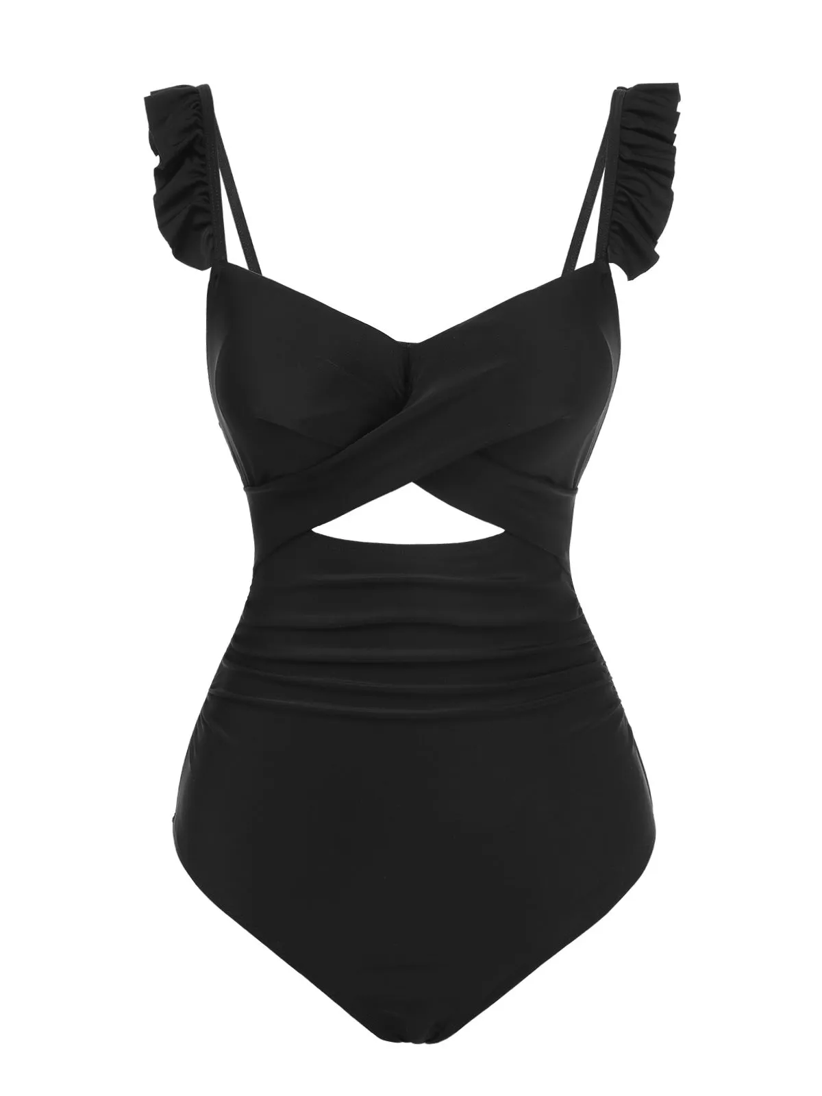 Black 1950s Solid Ruffled Strap Swimsuit sold by Retro Stage product image thumbnail 2