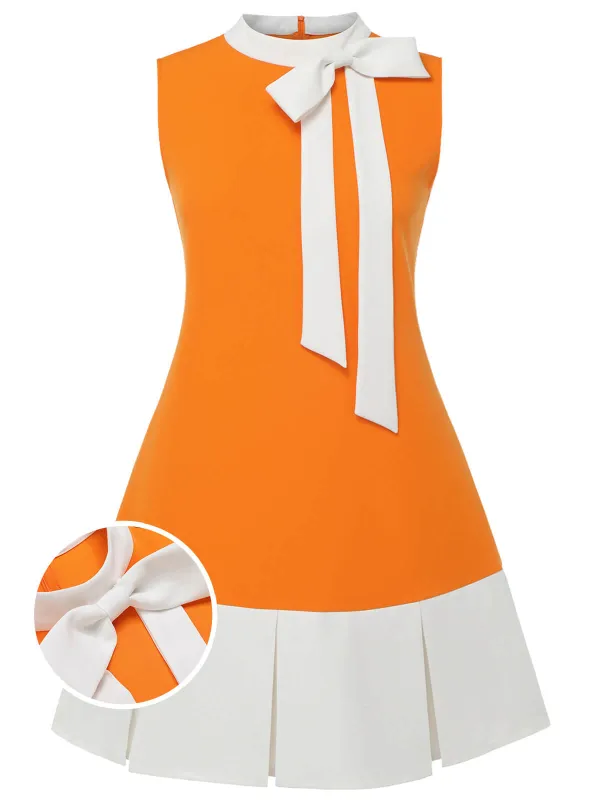 [Plus Size] Orange 1960s Bow Patchwork Sleeveless Dress sold by Retro Stage