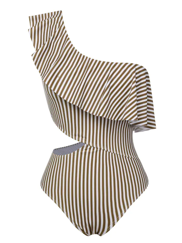 1970s One-Shoulder Stripes Ruffles One-Piece Swimsuit sold by Retro Stage