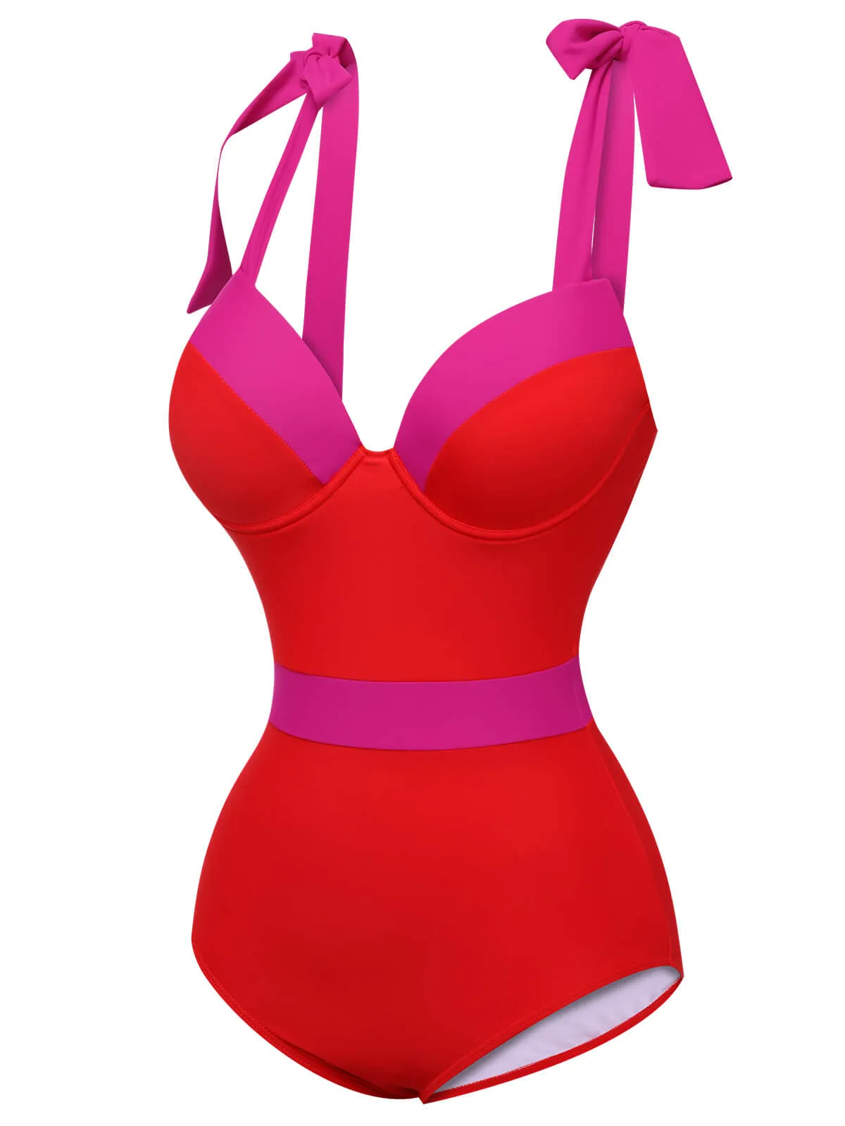 Red 1950s Colorblock Shoulder Tie-Up Swimsuit sold by Retro Stage product image thumbnail 2