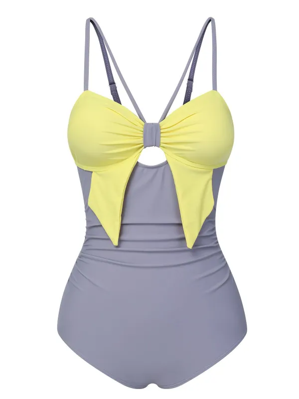 Purple & Yellow 1950s Cut Out Contrast Bow Swimsuit sold by Retro Stage