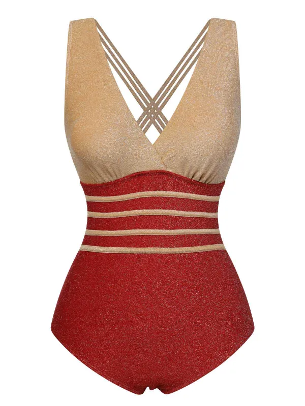Red 1950s Stripe Patchwork One-Piece Swimsuit sold by Retro Stage