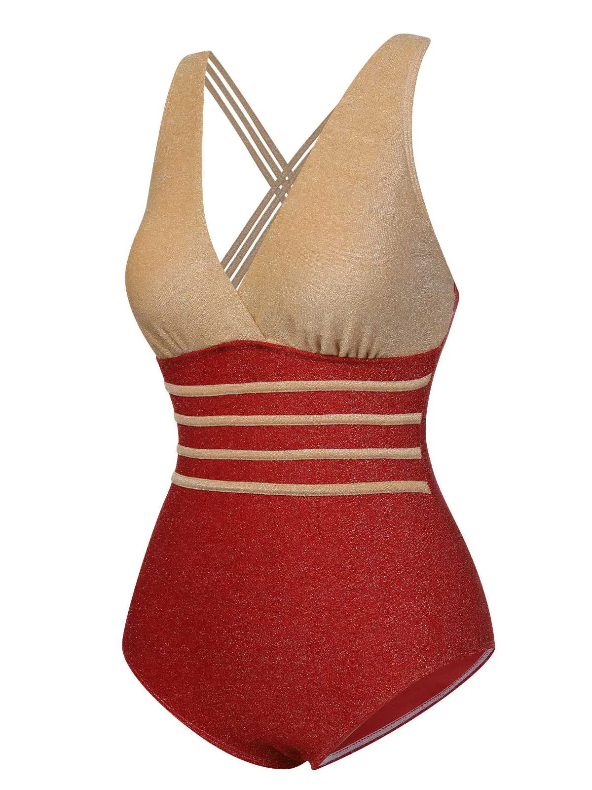 Red 1950s Stripe Patchwork One-Piece Swimsuit sold by Retro Stage product image thumbnail 2