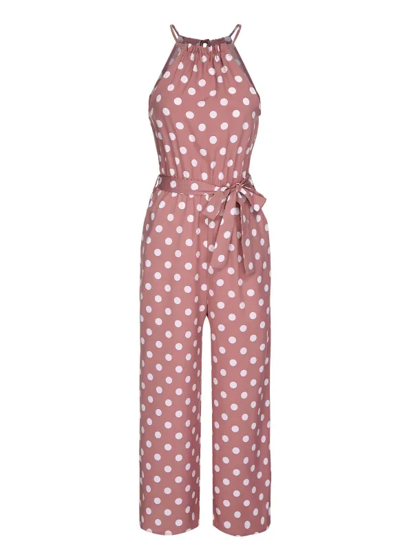 Pink 1930s Polka Dots Drawstring Halter Jumpsuit sold by Retro Stage
