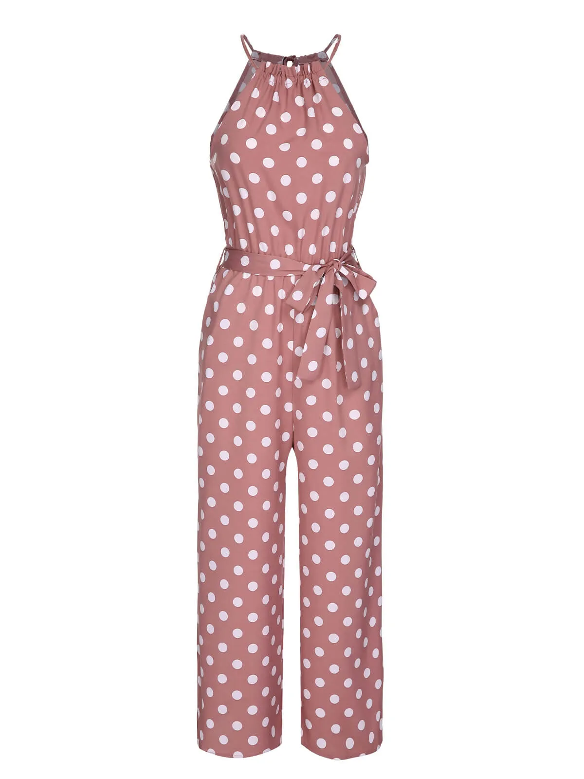 Pink 1930s Polka Dots Drawstring Halter Jumpsuit sold by Retro Stage