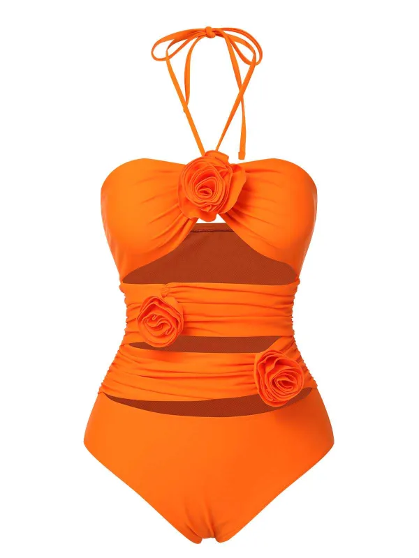 Orange Red 1950s Halter 3D Flower One-Piece Swimsuit sold by Retro Stage