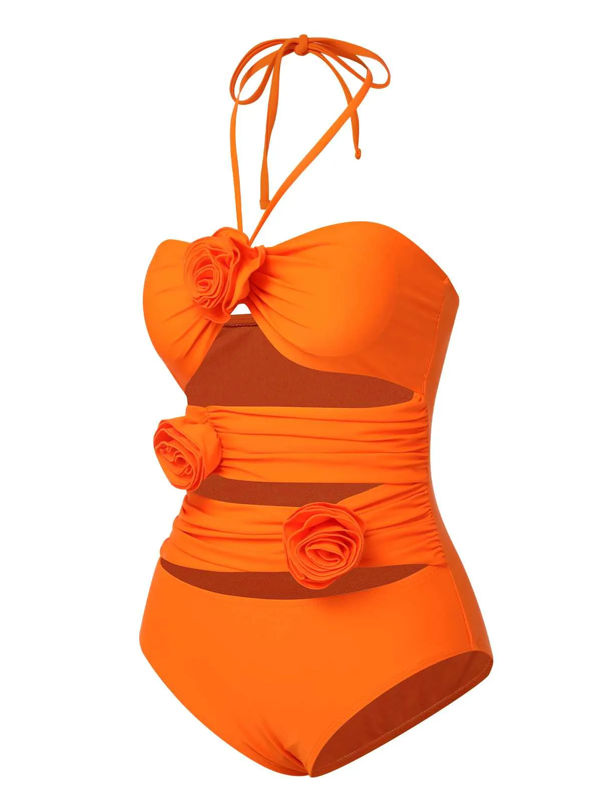 Orange Red 1950s Halter 3D Flower One-Piece Swimsuit sold by Retro Stage product image thumbnail 2