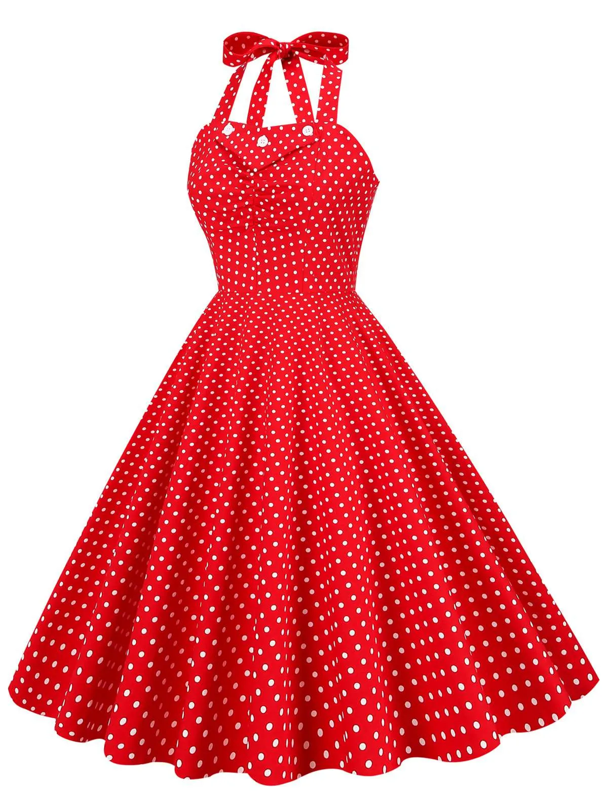 Red 1950s Polka Dot Halter Swing Dress sold by Retro Stage product image thumbnail 2