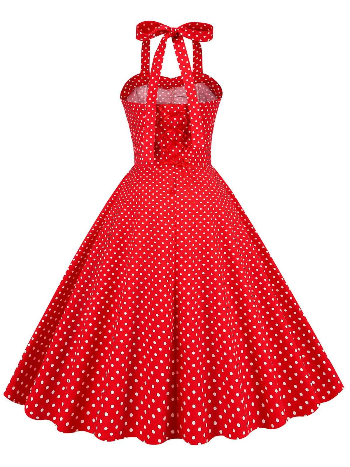 Red 1950s Polka Dot Halter Swing Dress sold by Retro Stage product image thumbnail 3