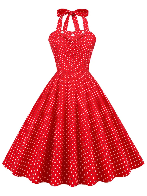 Red 1950s Polka Dot Halter Swing Dress sold by Retro Stage