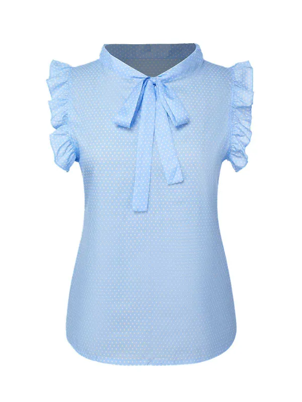 Blue 1960s Tie Neck Polka Dots Ruffles Blouse sold by Retro Stage