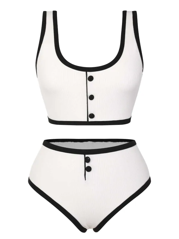 White 1930s Knit Contrast Swimsuit sold by Retro Stage