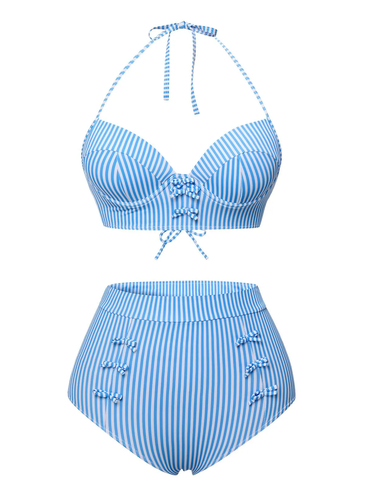 Blue 1950s Halter Bow Stripes Swimsuit sold by Retro Stage