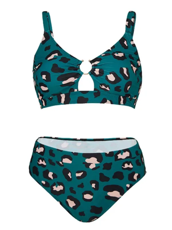 [Plus Size] Blue Green 1960s Leopard Suspender Swimsuit sold by Retro Stage