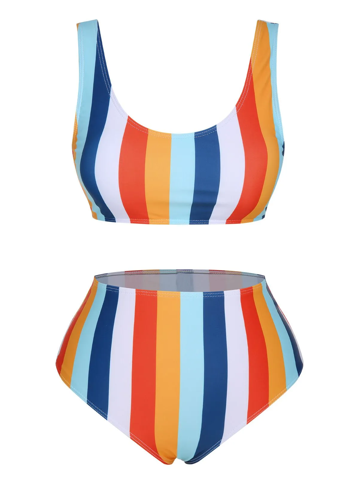 1930s Scoop Neck Rainbow Striped Swimsuit Set sold by Retro Stage