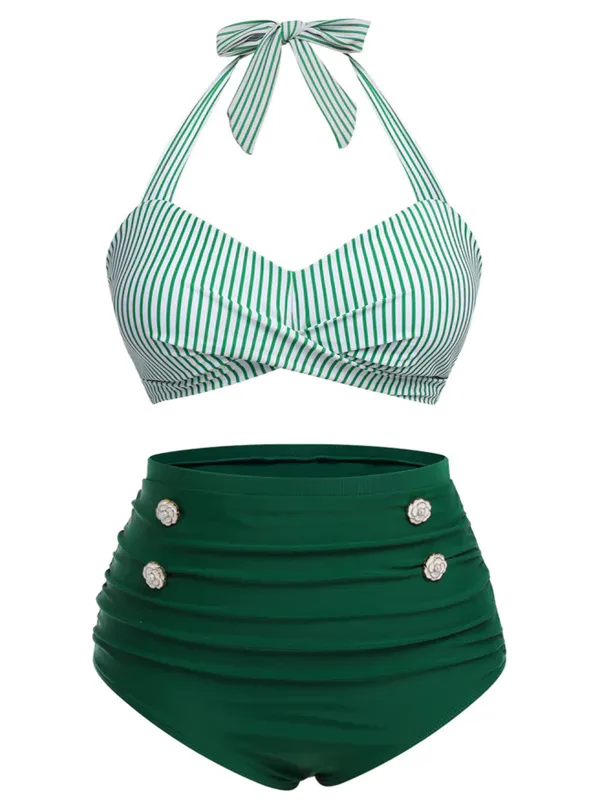 [Plus Size] Green 1940s Striped Halter Swimsuit sold by Retro Stage