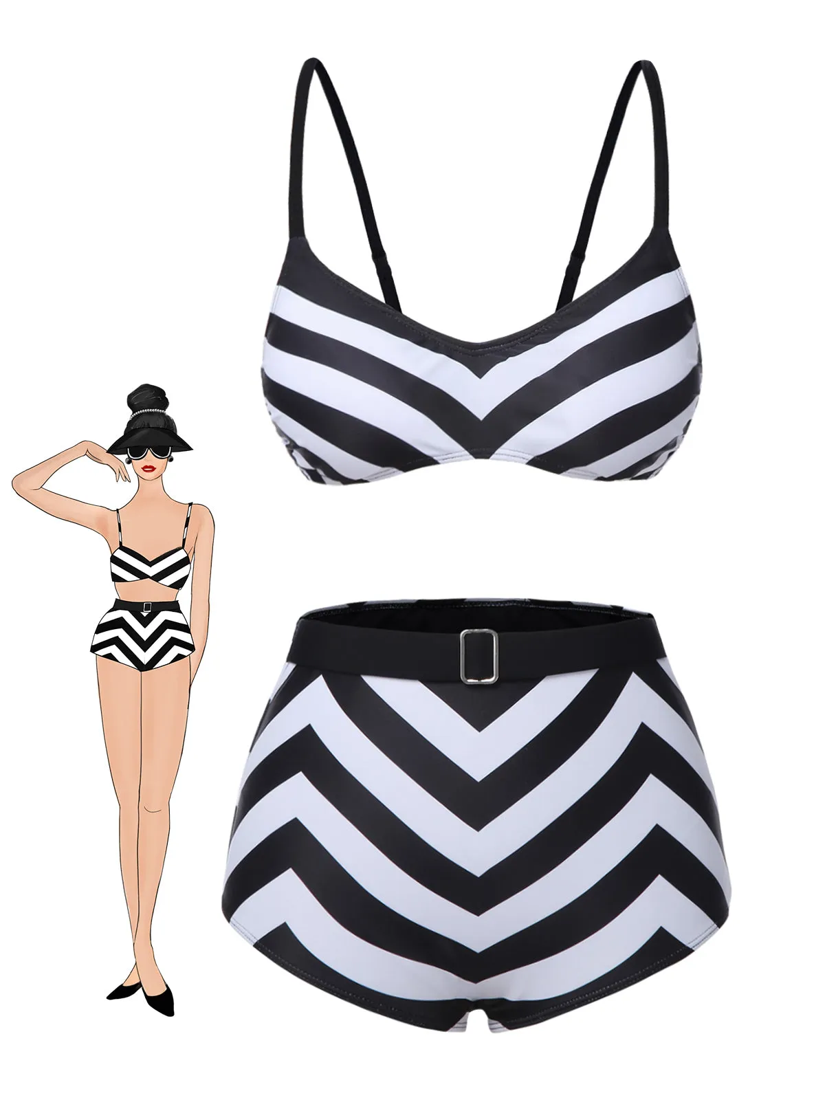 Black 1950s Striped Spaghetti Strap Swimsuit sold by Retro Stage