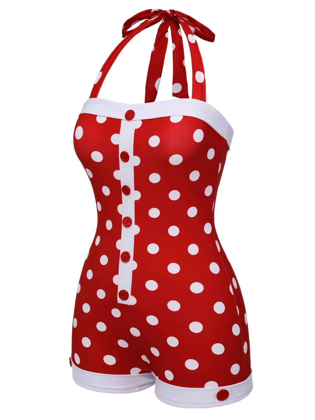 Red 1950s Polka Dot Patchwork Halter Swimsuit sold by Retro Stage product image thumbnail 3