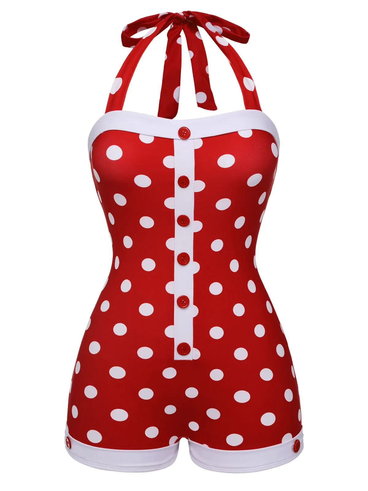 Red 1950s Polka Dot Patchwork Halter Swimsuit sold by Retro Stage product image thumbnail 2