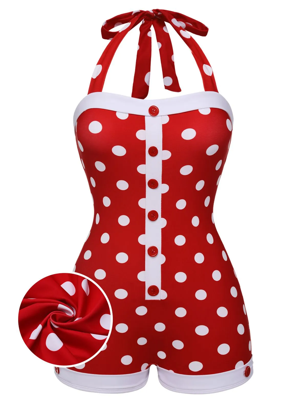 Red 1950s Polka Dot Patchwork Halter Swimsuit sold by Retro Stage