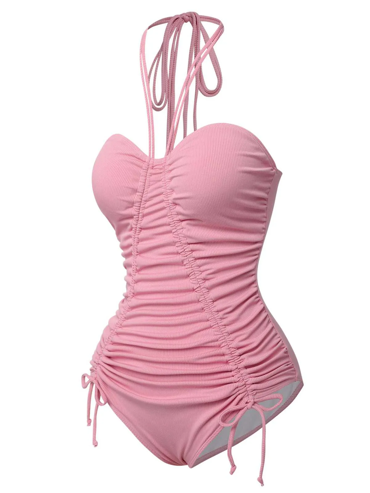 Pink 1950s Halter Pleated Solid One-Piece Swimsuit sold by Retro Stage product image thumbnail 3