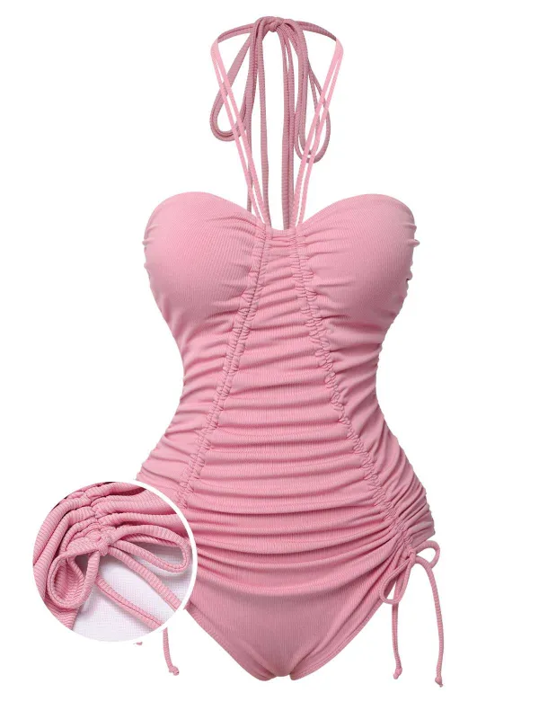 Pink 1950s Halter Pleated Solid One-Piece Swimsuit sold by Retro Stage