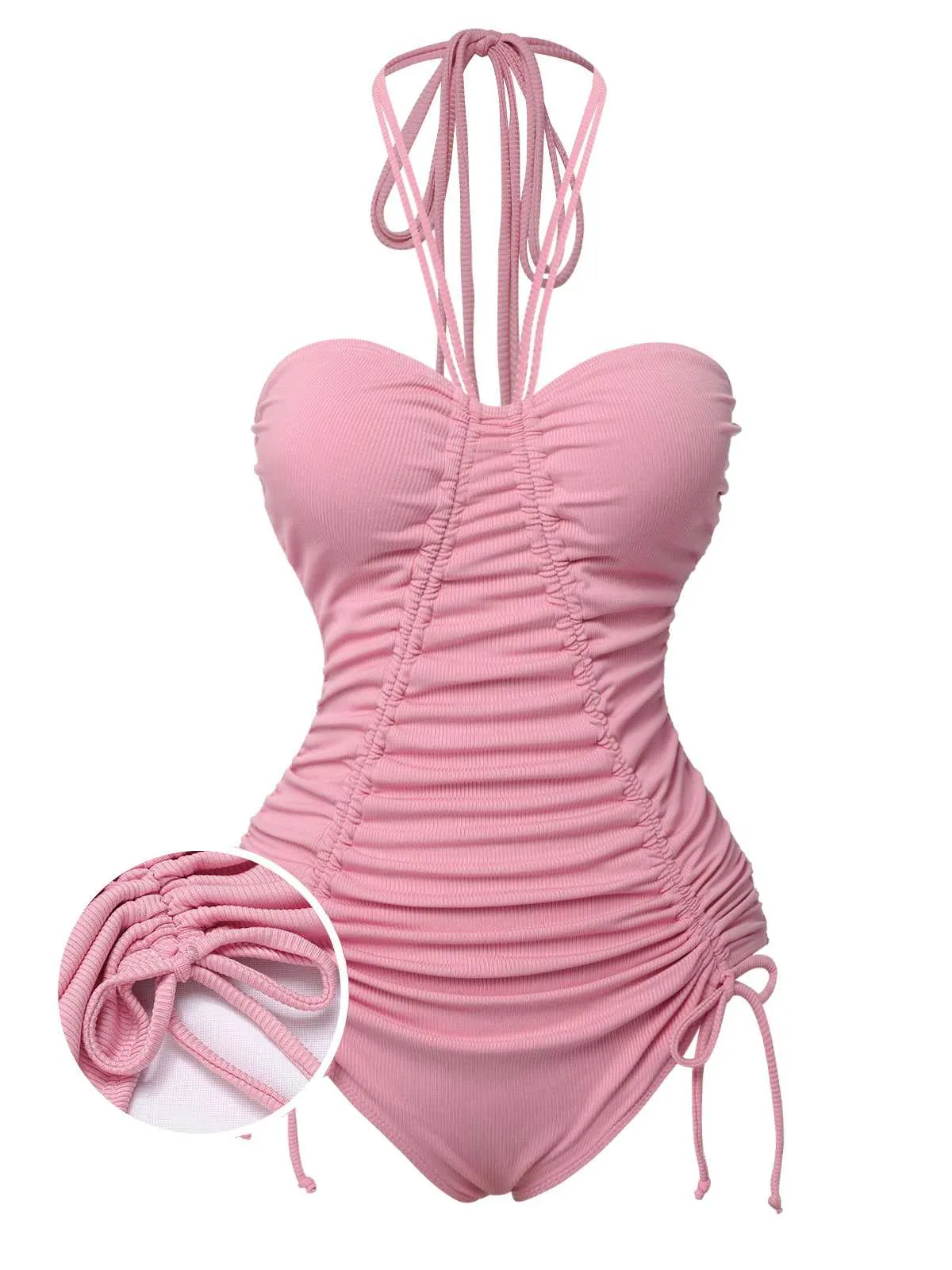 Pink 1950s Halter Pleated Solid One-Piece Swimsuit sold by Retro Stage