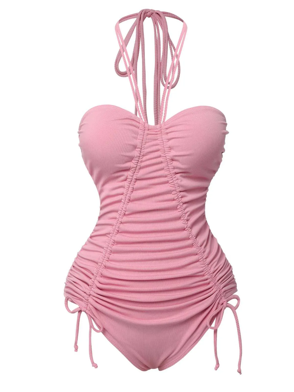 Pink 1950s Halter Pleated Solid One-Piece Swimsuit sold by Retro Stage product image thumbnail 2