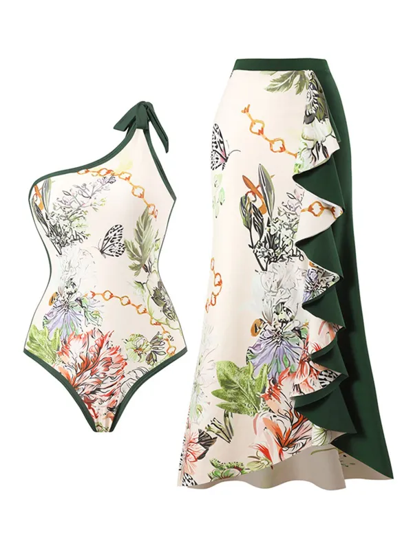 1940s Floral One Shoulder Swimsuit & Cover Up sold by Retro Stage