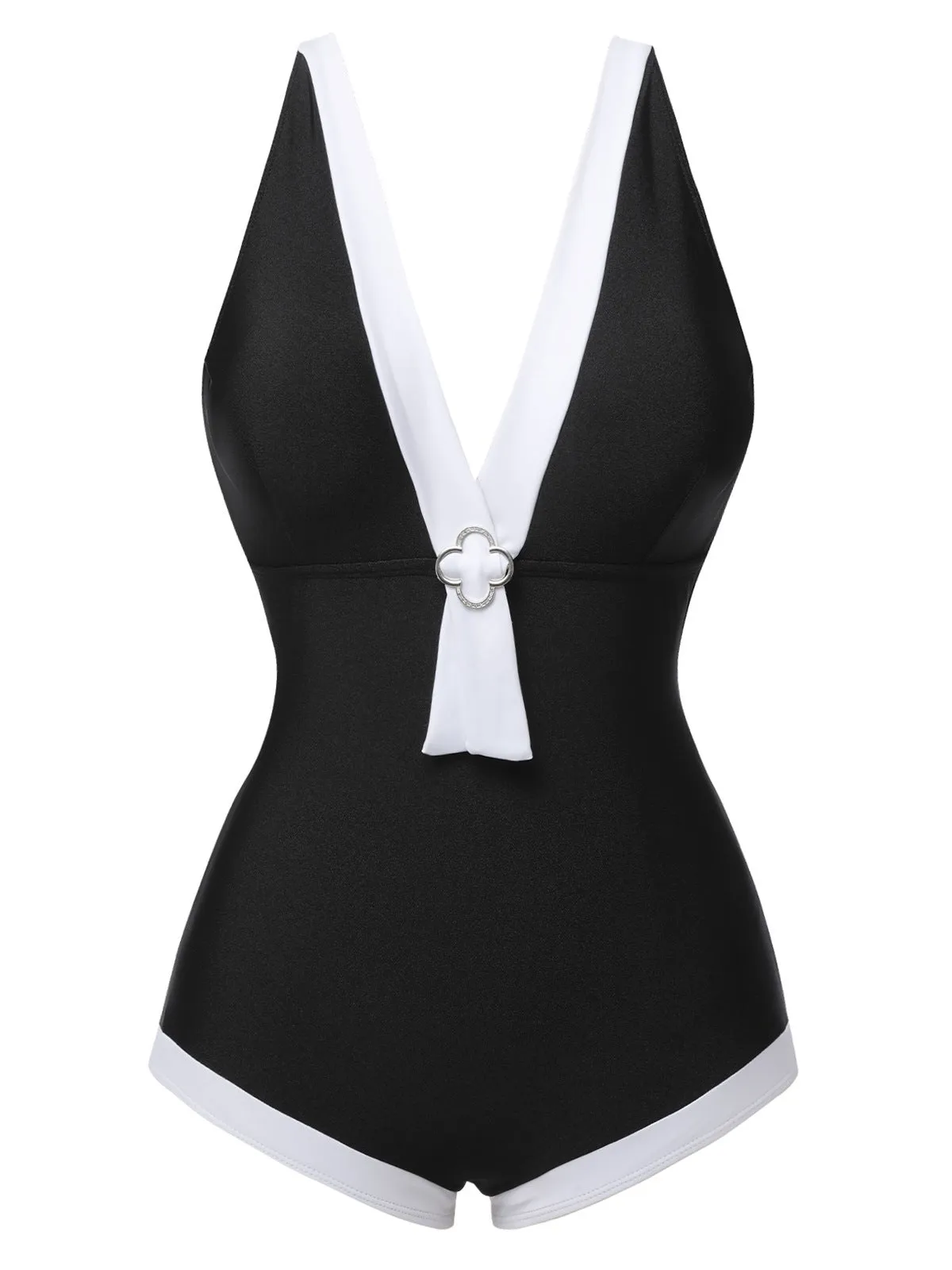 Black 1960s V-Neck Patchwork One-Piece Swimsuit sold by Retro Stage product image thumbnail 2