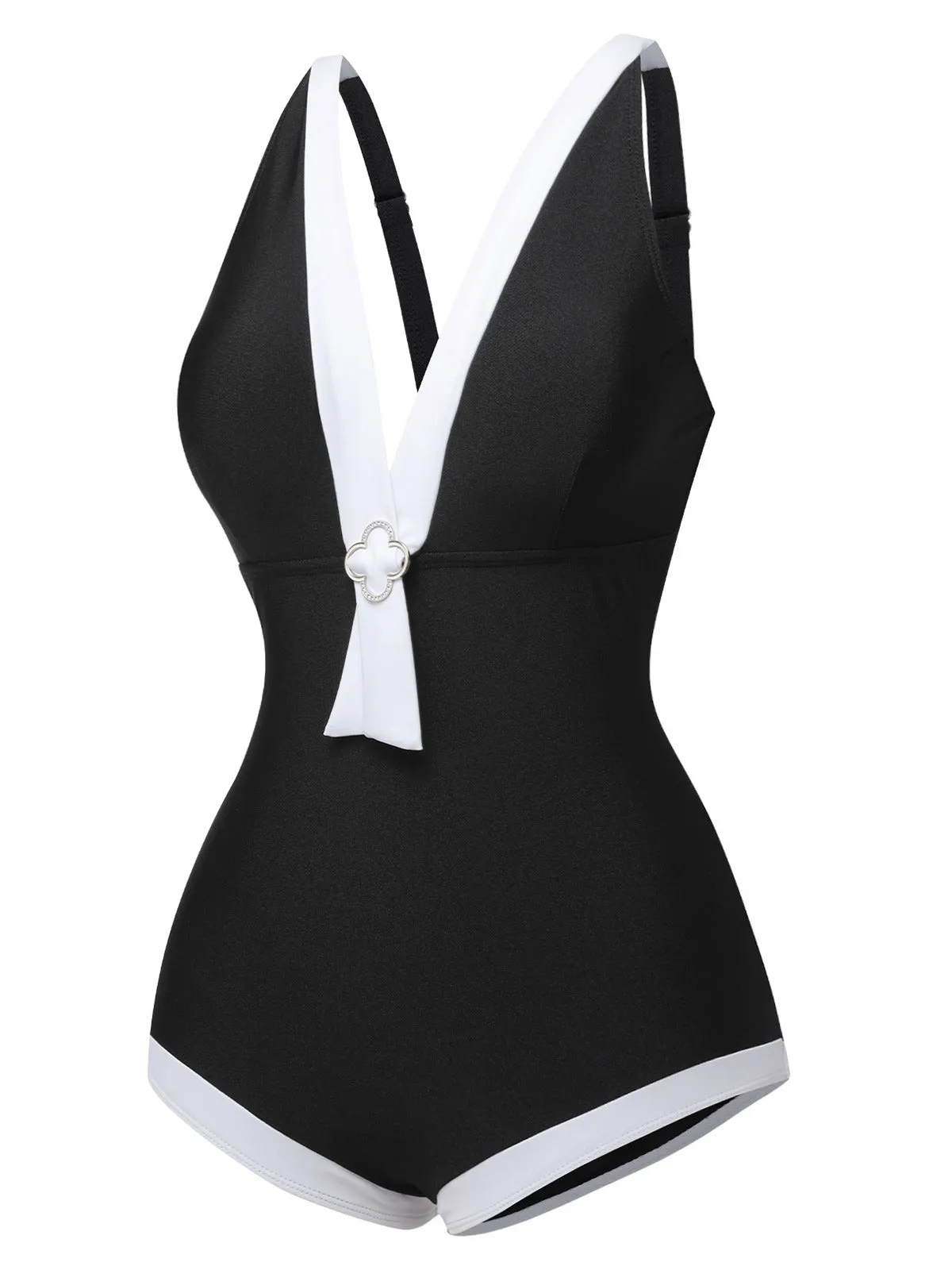 Black 1960s V-Neck Patchwork One-Piece Swimsuit sold by Retro Stage product image thumbnail 3