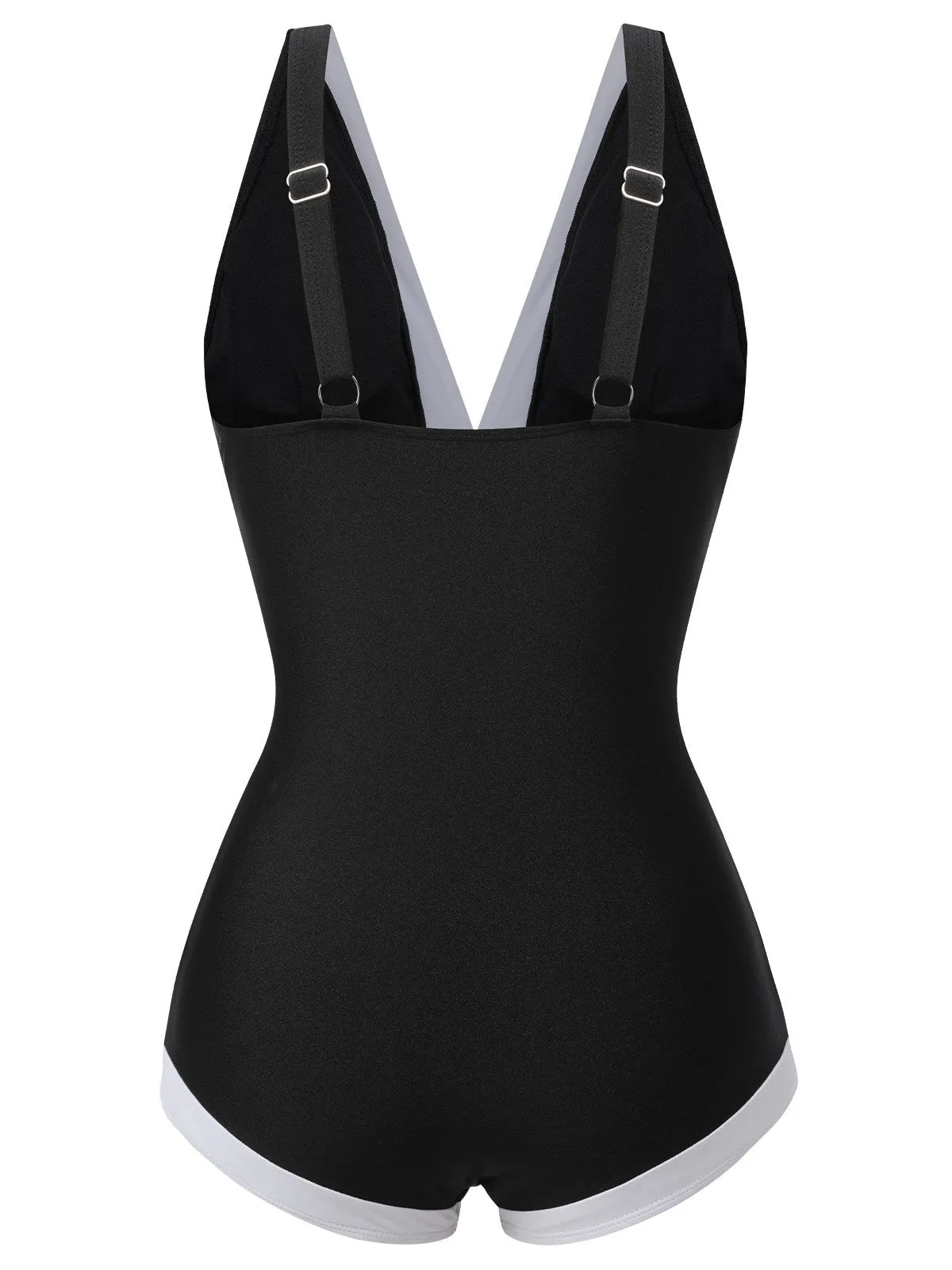 Black 1960s V-Neck Patchwork One-Piece Swimsuit sold by Retro Stage product image thumbnail 4
