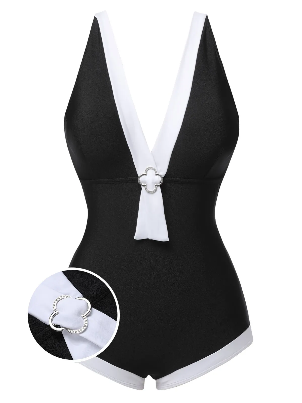Black 1960s V-Neck Patchwork One-Piece Swimsuit sold by Retro Stage