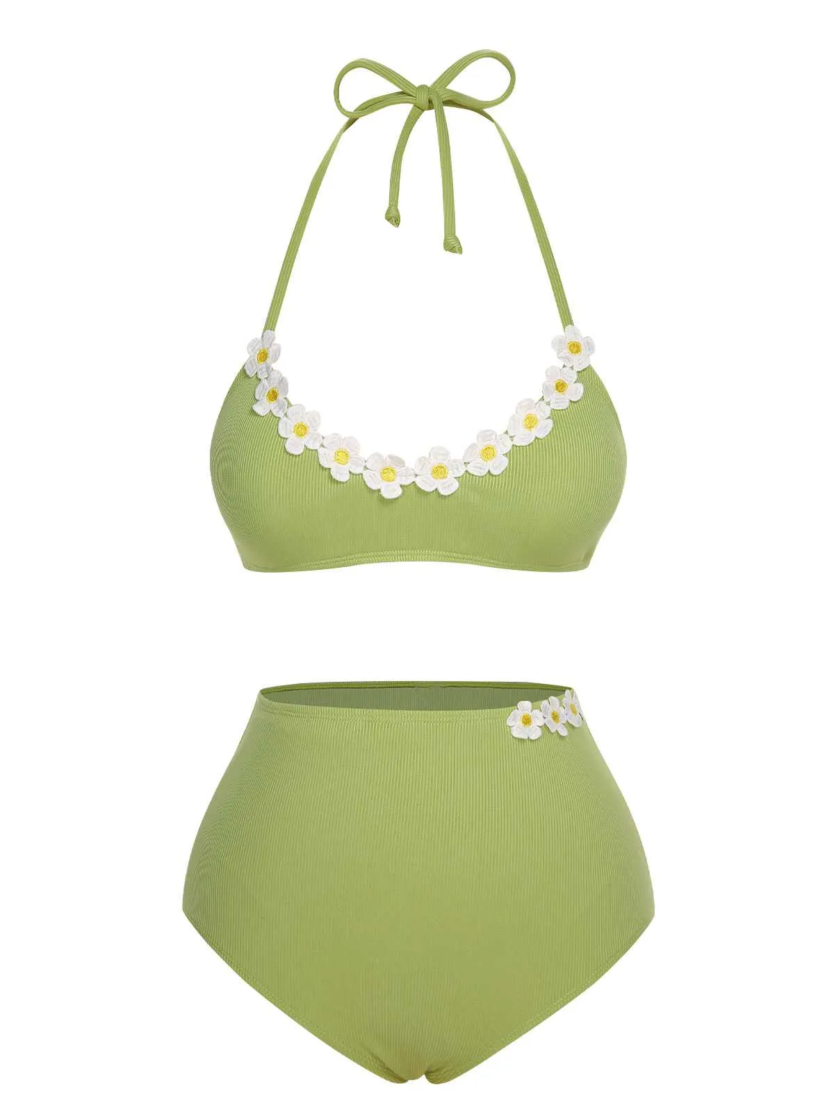 Light Green 1960s Halter Knit Daisy Swimsuit sold by Retro Stage product image thumbnail 2