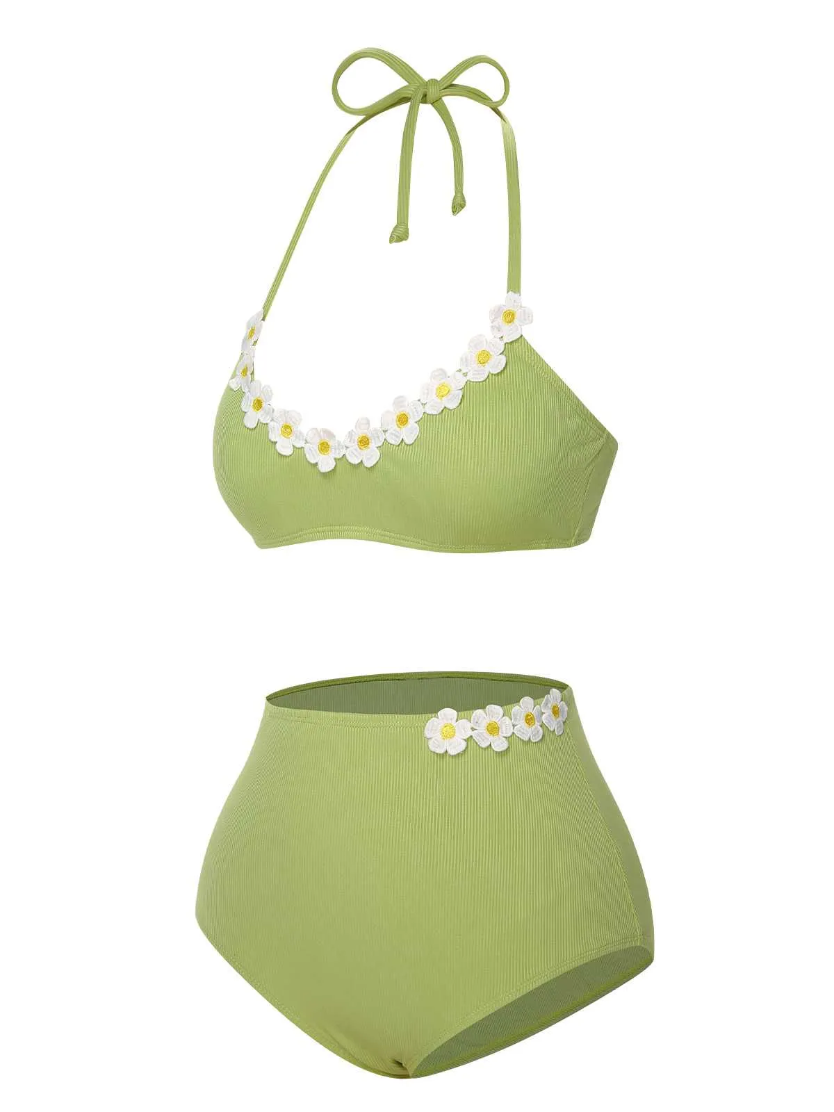 Light Green 1960s Halter Knit Daisy Swimsuit sold by Retro Stage product image thumbnail 3